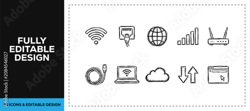 Bild auf Leinwand Black ink scribble hand drawn digital networking icon set bundle featuring wifi cloud and computer for tech communication and web hosting branding vector sketch doodles design