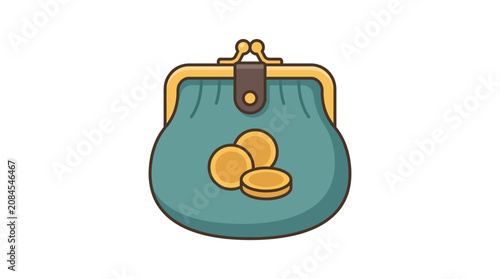 Flat vector illustration of a teal coin purse with gold coins