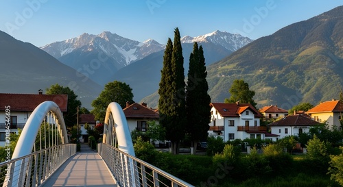 Modern bridge in a mountain village with snow-capped peaks
