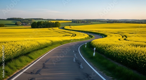 Serene rural road winding through golden wheat fields with waterway.