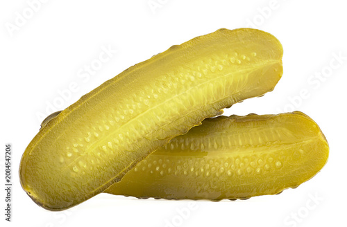Fresh gherkins - tasty pickled cucumber slices isolated on a white background.