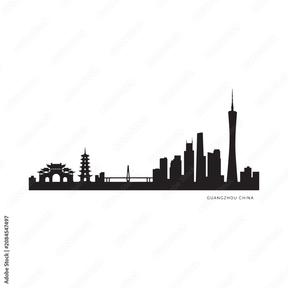 Fototapeta premium Guangzhou China skyline silhouette against a white background