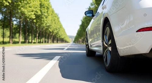 White car driving on sunny road with trees