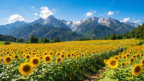 Blooming Sunflower Field with Snow Capped Mountain Range Under Clear Summer Blue Sky