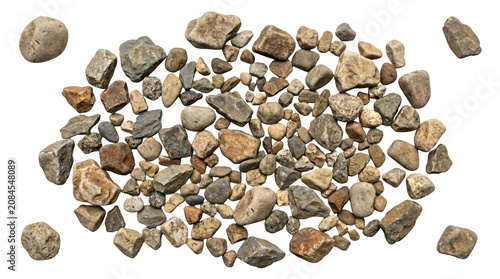 Natural river stones and gravel collection, brown earth tone pebbles on white background, organic mineral rock textures for landscaping and construction