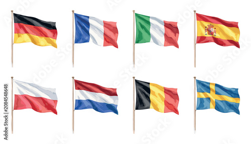 European Union flags collection watercolor illustration on white