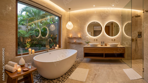 Modern Luxury Bathroom Interior with Freestanding Bathtub Wooden Vanity and Warm Ambient Lighting
