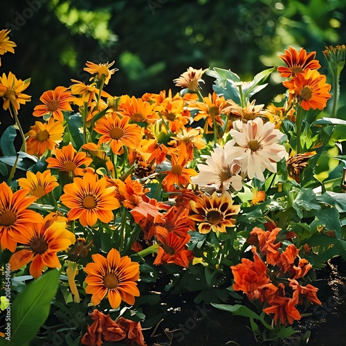 Vibrant orange and white flowers in sun