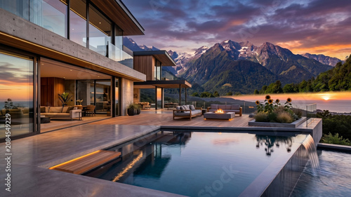 Luxury Modern Villa with Infinity Pool Overlooking Majestic Mountains at Sunset Twilight