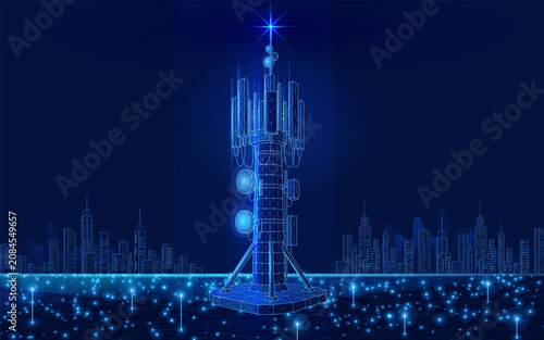 3D 6G Base Station Receiver Telecommunication Tower Polygonal Design Global Network Connection Mobile Radio Antenna Vector Illustration