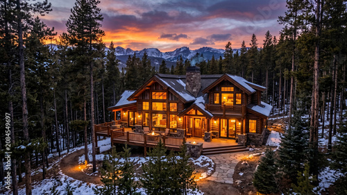 Luxury Mountain Cabin at Sunset Surrounded by Snowy Peaks with Warm Glowing Windows and Dramatic Sky