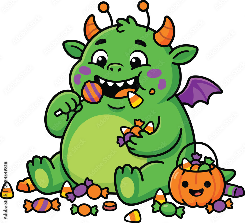 Fototapeta premium Friendly Green Monster Eating Candy Halloween Cartoon 2D Flat Vector