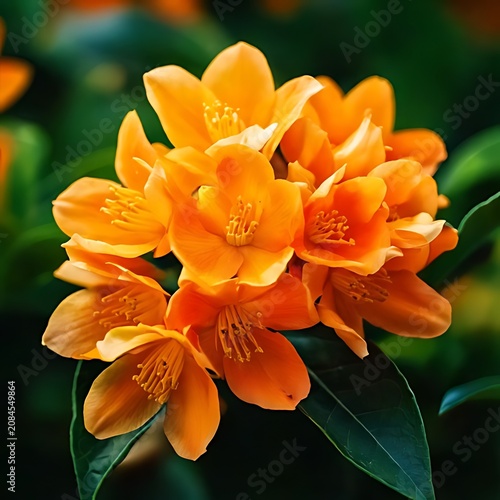 Vibrant orange blossoms cluster on dark foliage