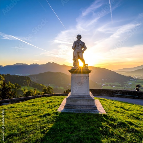 Woman practicing yoga at sunrise on hilltop.