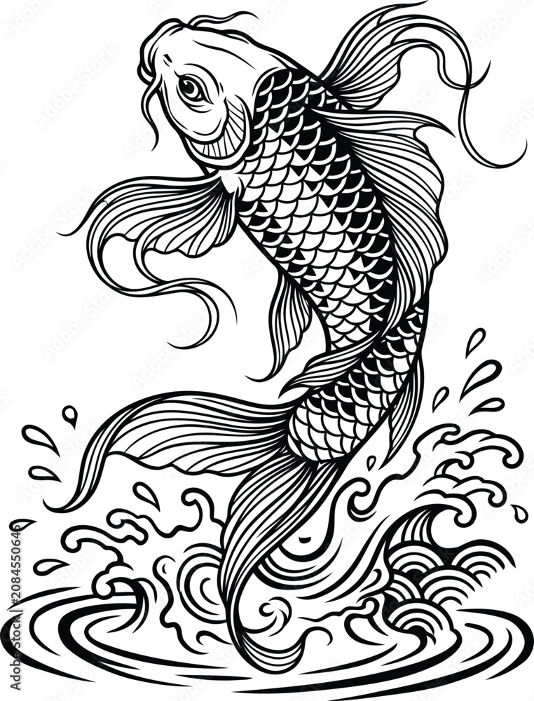 Obraz premium Japanese koi carp fish jumping above splashing waves vector art design