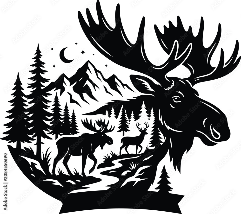 Fototapeta premium Majestic moose head in wild mountain forest nature scene vector design