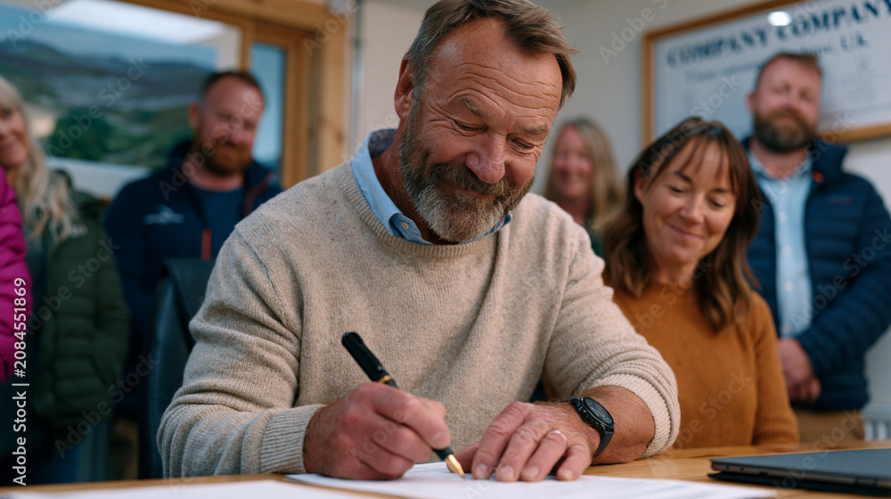 Fototapeta premium Employee ownership trust transition meeting where outgoing founder signs documentation alongside new worker trustees in a quiet legal office, framed company history on wall, colleagues watching with