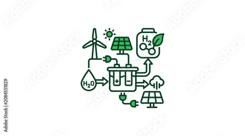 Sustainable hydrogen and renewable energy ecosystem line icon.
