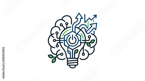 Sustainable brain and lightbulb icon.