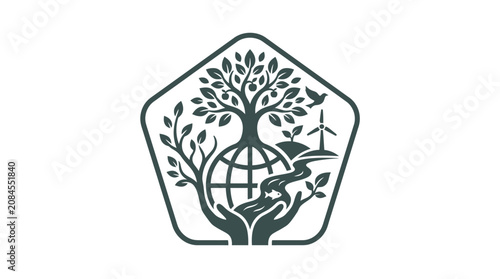 Sustainable environment icon with earth tree and renewable energy.