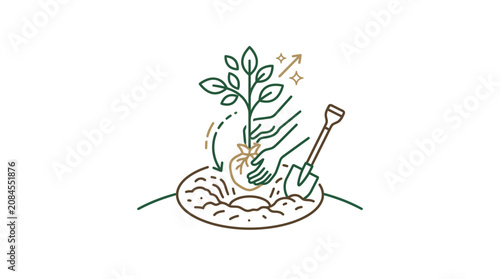 Tree planting icon with sapling hands and shovel.