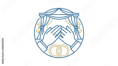 Wedding ceremony icon with rings and bridal arch curtains.