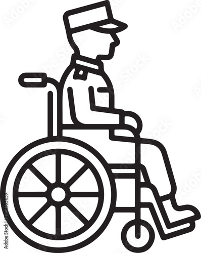 Disabled soldier outline icon with editable stroke. Military veteran support symbol isolated on white