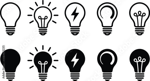 Diverse collection of simple black light bulb icons representing creative ideas and electric energy concepts