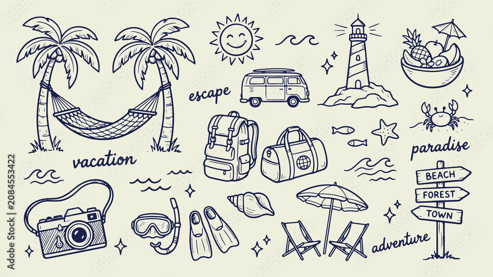 Obraz premium Hand‑drawn travel and vacation doodles with palm trees hammock van lighthouse fruit crab camera snorkeling gear backpacks seashells beach chairs umbrella and sign in playful composition