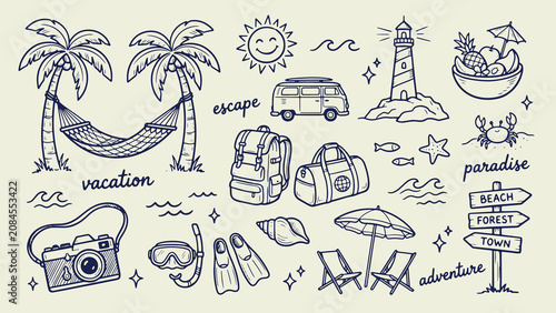 Foto Hand‑drawn travel and vacation doodles with palm trees hammock van lighthouse fr