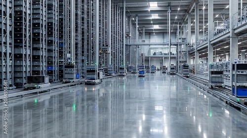 Large automated warehouse with high shelves and shiny floor interior