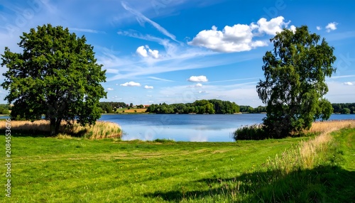 Serene lakeside meadow with clear blue sky.