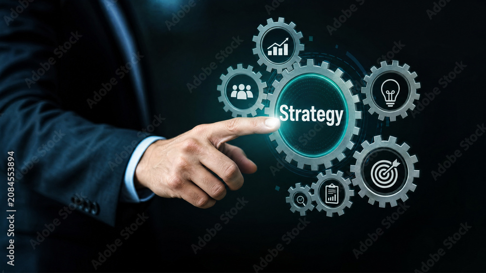 Obraz premium Business strategy planning concept with holographic workflow interface and digital transformation icons