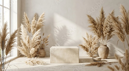 Minimalist interior design with pampas grass and marble block on floor
