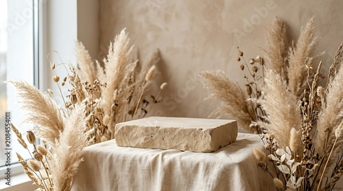 Beige stone block on table with pampas grass and dried flowers by window  minimalistic interior