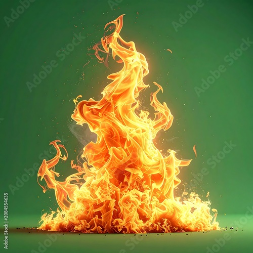 Vibrant orange flames erupt against a plain green background