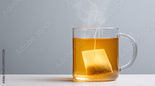 A warm cup of tea with a teabag steeping in hot water providing a soothing and comforting experience for relaxation