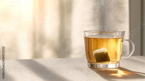 A detailed view of a steaming cup of herbal tea with a teabag steeping in soft warm light