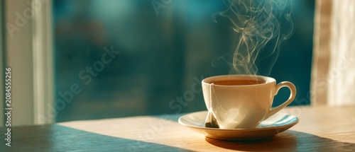 A warm cup of tea with a teabag resting on the table ideal for moments of relaxation and comfort