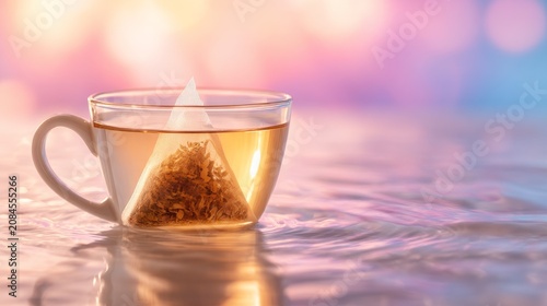 A clear cup of hot tea infusion with a teabag surrounded by a softly blurred background for a calming atmosphere