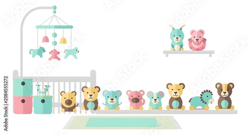 A charming nursery scene featuring a crib, a mobile with animal figures, and a collection of stuffed animals arranged on shelves and a rug.