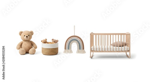 A charming collection of baby nursery essentials, including a teddy bear, a woven basket with small bears, a macrame rainbow wall hanging, and a wooden crib with a pillow.