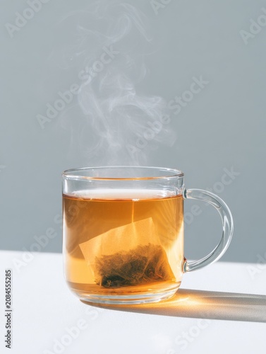 A warm cup of tea with a teabag steeping for a soothing and comforting experience