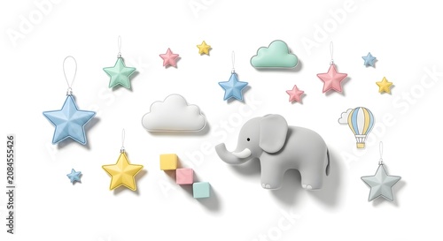 A charming collection of pastel-colored nursery decorations including stars, clouds, blocks, an elephant, and a hot air balloon.