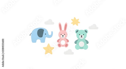 Cute pastel cartoon stuffed animals: elephant, bunny, and bear with stars and clouds, perfect for baby themes and nursery decor.