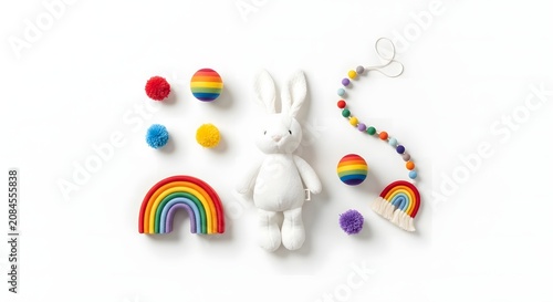 A charming collection of a white stuffed bunny, colorful pom-poms, rainbow balls, and beaded string arranged on a clean white background.