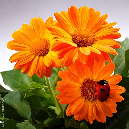 Vibrant orange flowers with a ladybug
