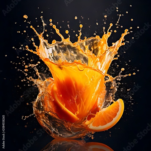 Vibrant orange juice splash with citrus slices