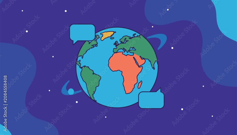 Fototapeta premium Planet Earth globe with two empty speech bubbles in outer space representing global conversation and international news.