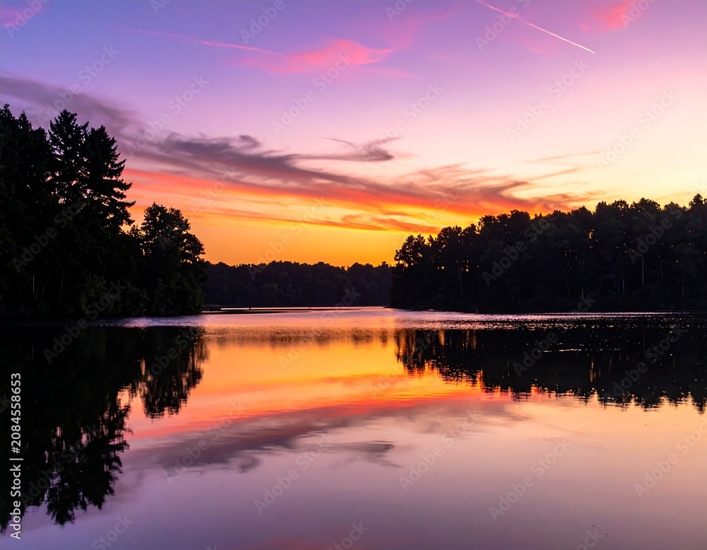 Fototapeta premium Vibrant sunset over serene water with trees